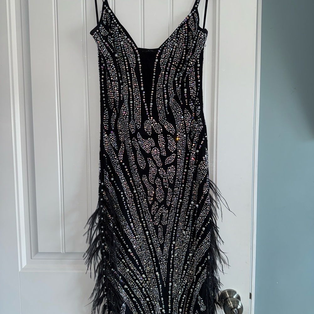 Black Embellished Midi Dress with Feather Trim